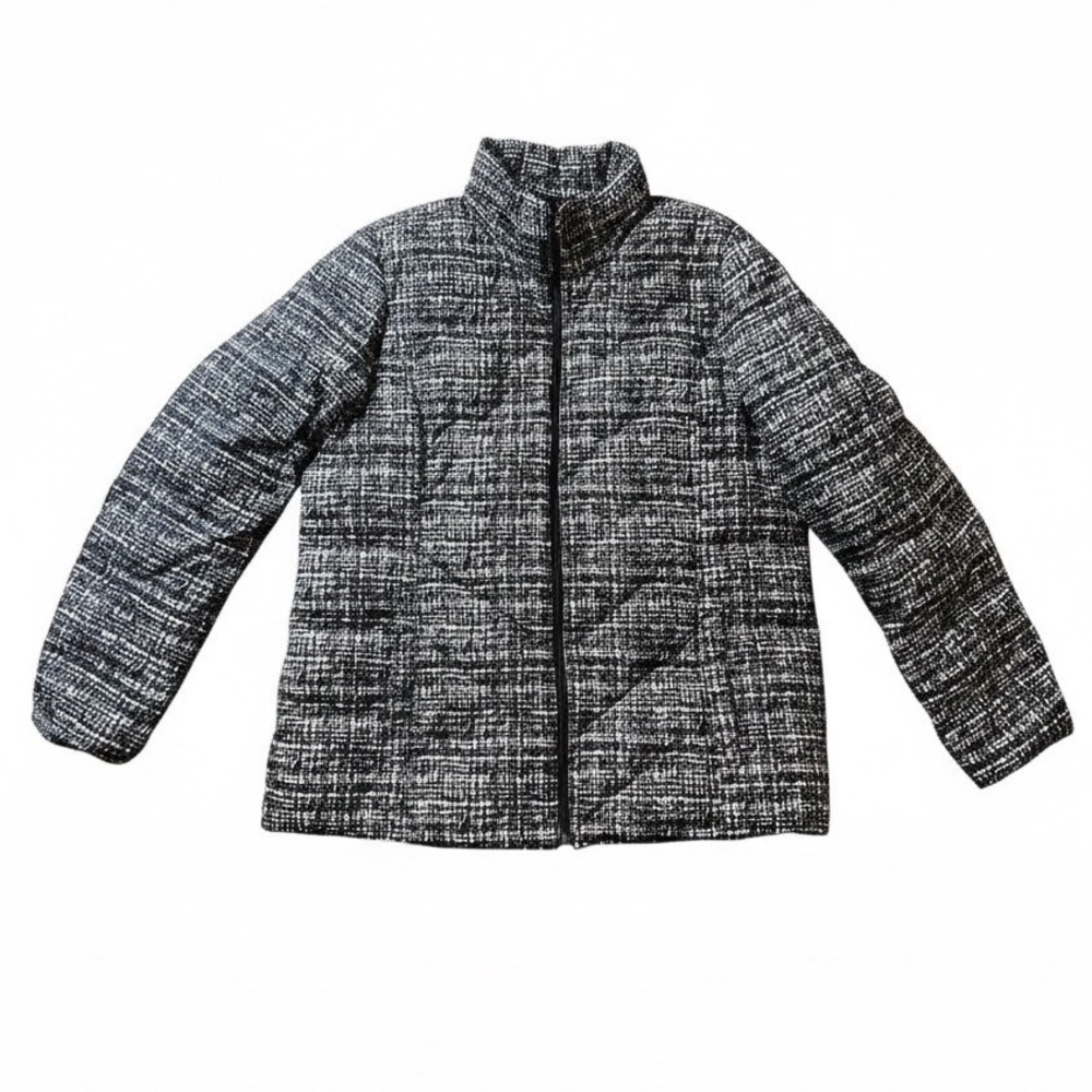 Lands' End Women's L Black White Printed Puffer Jacket Full Zip Lightweight